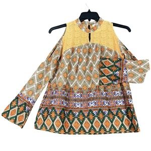 Boho Jane Geometric Cold Shoulder Blouses Patterned Top S Womens